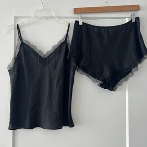 Victoria's Secret Black Satin Pajama Set with Lace Trim